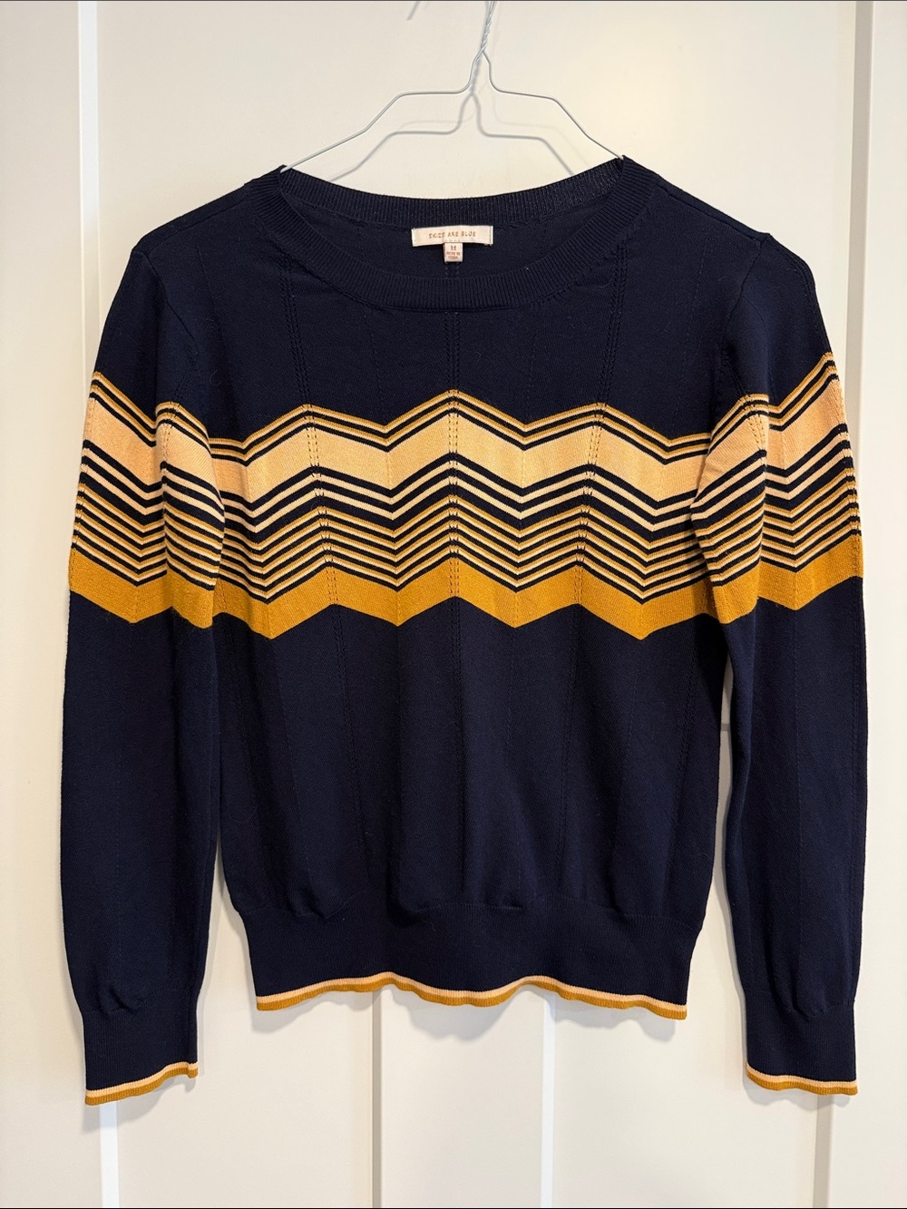 Skies Are Blue Navy & Mustard Chevron Knit Sweater Women’s M